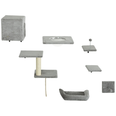 PawHut Kletterwand Katzen 7-teilig Katzen Kletterwand Set mit Katzenhaus, Plattform, Plattform Grau