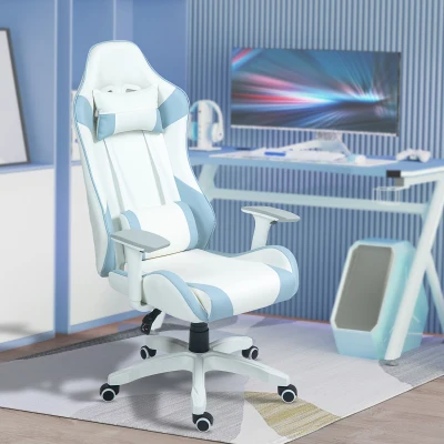 HOMCOM Cadeira Gaming Reclinável com Almofada Lombar Apoio de Cabeça Basculante e Altura Ajustável 67x60x120-128 cm Branco e Azul