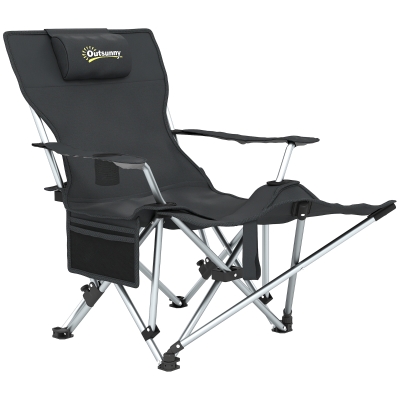 Outsunny Chaise Pliante Camping Noir avec Repose-Pied et Porte-Gobelet