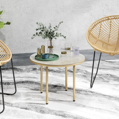 Outsunny Round Garden Table Faux Marble Top Steel Beige 60cm