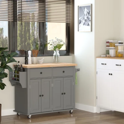 HOMCOM Rolling Kitchen Island Trolley Grey with Drawers