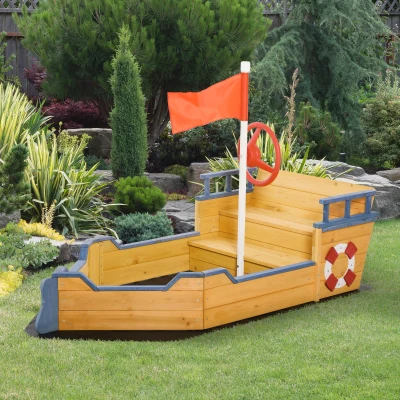 Outsunny Arenero Infantil de Madera Diseño de Galeón con 2 Escalones Banco con Almacenaje Bandera y Timón Cajón de Arena