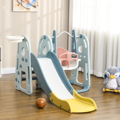 HOMCOM Tobogán Infantil con Columpio y Canasta Baloncesto 3 en 1 para Niños de +18 Meses con Asiento Ajustable Centro de Actividades para Interior y Exterior 150x190x100 cm Multicolor