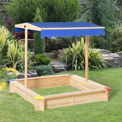 Outsunny Arenero de Madera para Niños con Techo Cajón de Arena Toldo Ajustable Espacioso 120x120x120 cm para Jardín Exterior al Aire Libre Color Madera Natural
