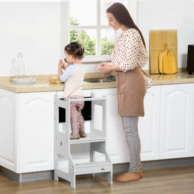 HOMCOM Torre de Aprendizaje 2 en 1 Convertible en Escritorio con Pizarra y Barra de Seguridad 42x44x86 cm Gris