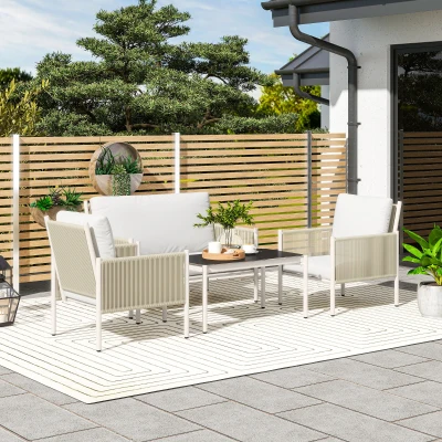 Outsunny Gartenmöbel Set aus Polyrattan Lounge-Set mit 2er Sofa Sessel Glastisch Kissen 4 Personen Braun+Grau