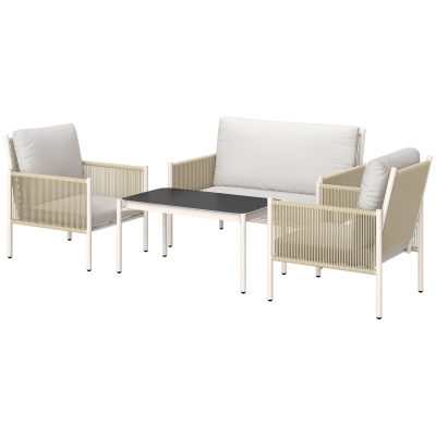 Outsunny Gartenmöbel Set aus Polyrattan Lounge-Set mit 2er Sofa Sessel Glastisch Kissen 4 Personen Braun+Grau