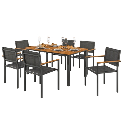 Outsunny Set con Tavolo da Giardino e 6 Sedie Impilabili Teak
