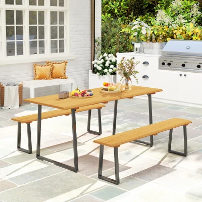 Outsunny 3-delige houten zitgroep voor 6 personen met eettafel en 2 banken, parasolgat, 178 x 76 x 77 cm, natuurlijk hout