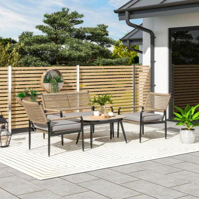 Outsunny Gartenmöbel Set aus Polyrattan Lounge-Set mit 2er Sofa Sessel Glastisch Kissen für 4 Personen Dunkelgrau+Gelb