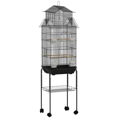 PawHut Jaula para Pájaros con Ruedas Comederos Perchas Columpio y Bandeja Extraíble 50,5x41x163 cm Negro