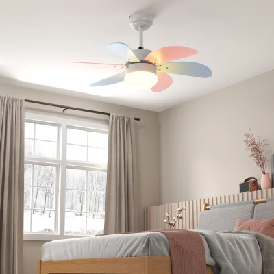 HOMCOM Ventilador de Techo con Luz 34W Ø82,5 cm Motor DC con 6 Aspas Reversibles Mando a Distancia y Temporizador Multicolor