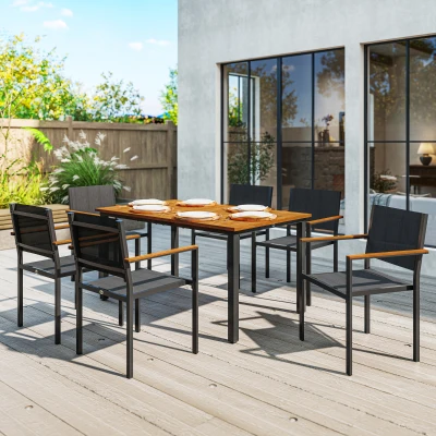 Outsunny Set con Tavolo da Giardino e 6 Sedie Impilabili Teak