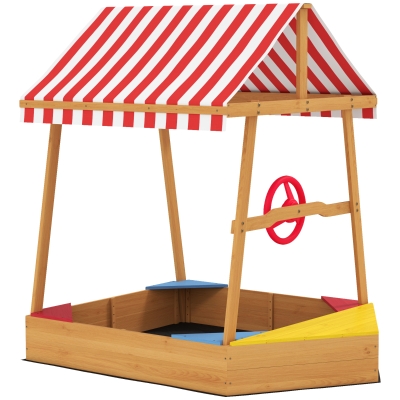 AIYAPLAY Arenero Infantil de Madera en Forma de Barco con Toldo Ajustable Timón y Forro de Base para Juegos al Aire Libre Natural