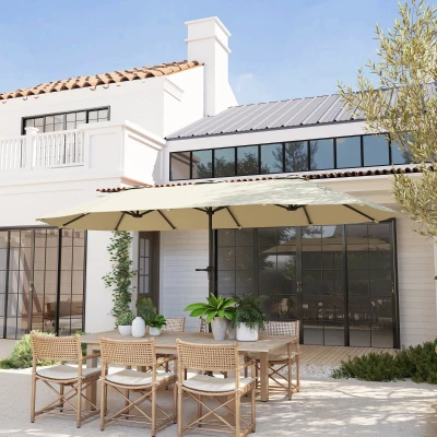 Outsunny Sombrilla Doble 4x2,2 m Sombrilla Terraza Exterior con Manivela Manual Impermeable y Protección UV30+ Crema