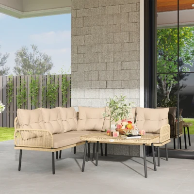 Outsunny Conjunto de Muebles de Jardín de Ratán Sintético de 4 Piezas en Forma de L con Estructura de Acero Cojines y Mesa