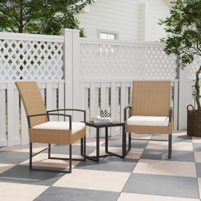 Outsunny Conjunto de Jardín Exterior de Ratán de 3 Piezas con Respaldo Ajustable Cojines Acolchados y Encimera de Vidrio Beige