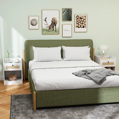 HOMCOM Juego de 2 Mesillas de Noche para Dormitorio con Cajón con Frontal de Ratán 40x40x53 cm Blanco