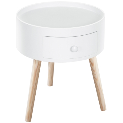 HOMCOM Round Side Table with Drawer Wood Legs White