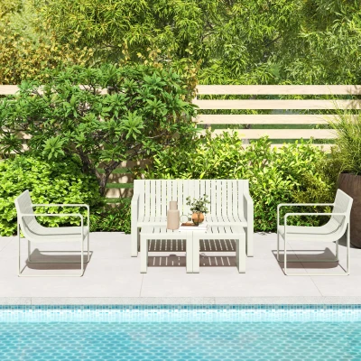 Outsunny Conjunto de Jardín de 5 Piezas con Sofá de 2 Plazas Sillones y Mesas Diseño de Lamas Polipropileno Impermeable Anti-UV