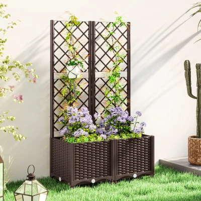 Outsunny Jardinera con Enrejado de Plástico para Plantas Trepadoras con Drenaje y Amplio Espacio de Cultivo 80x40x135 cm Marrón