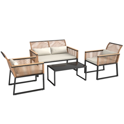 Outsunny Conjunto de Muebles de Jardín 4 Piezas de Ratán Sintético con 2 Sillones Sofá de 2 Plazas Mesa de Café Natural y Crema