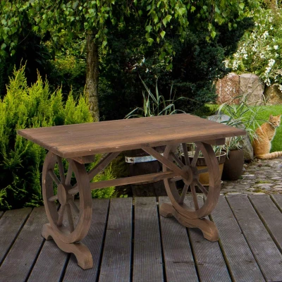 Outsunny Mesa de Jardín de Madera de Abeto con Patas en Forma de Rueda para Exterior e Interior 110x60x65 cm Acabado Carbonizado