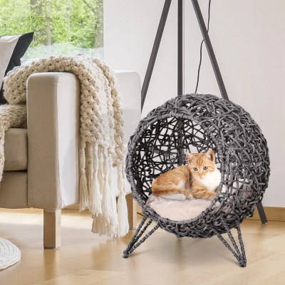 PawHut Cama para Gatos em Vime Sintético com Base de Tripé Almofada com Pelúcia e Algodão Suave Desenho Elevado Ø52x58 cm Cinza