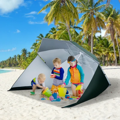 Outsunny Chapéu de Sol de Praia com Painéis Laterais Tipo Tenda Chapéu de Sol para Praia com Proteção UV 50  Φ210x222cm Verde Escuro