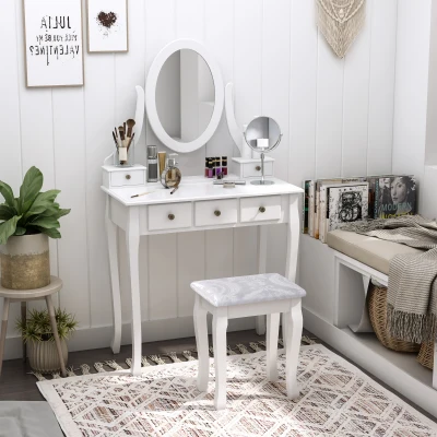 HOMCOM Toucador de Maquilhagem com Banco MDF e Madeira Maciça 80x40x140cm Branco