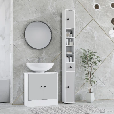 kleankin Slim Bathroom Cabinet 180cm with Drawer Light Grey