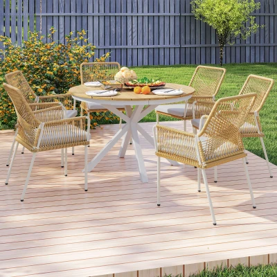 Outsunny Mesa de Jardim Redonda Mesa de Exterior Ø118x74 cm com Estrutura de Alumínio Pés Cruzados e Bancada em Ripas Madeira e Branco