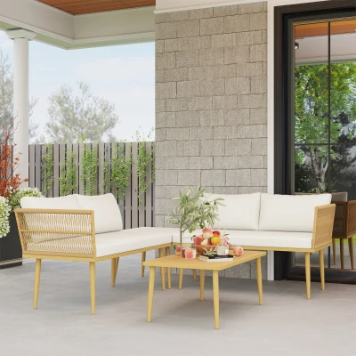 Outsunny Conjunto de Jardín de Ratán Sintético de 4 Piezas con Sofás Modulares Mesa Auxiliar y Cojines Natural