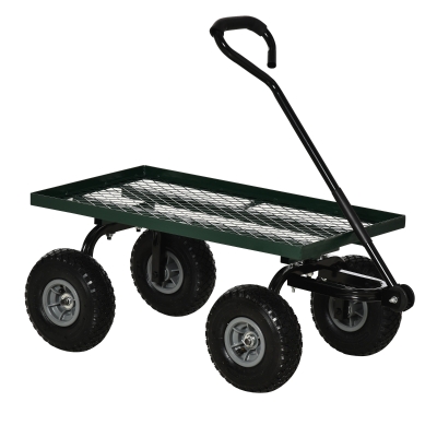 Outsunny Carro de Transporte com Pega Revestida e 4 Rodas Grandes de Ø24 cm Carrinho de Jardim em Aço 94x48,5x100 cm Preto e Verde