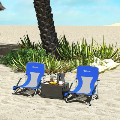 Outsunny Conjunto de 2 Sillas de Playa Plegables y Ligeras con Respaldo de Malla Reposabrazos y Bolsa 58x55x62 cm Azul Oscuro