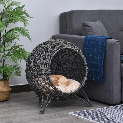 PawHut Katzenhaus aus Rattan mit Kissen Katzenschlafplatz Katzenhöhle mit erhöhten Füßen Silbergrau Ø52 x 58 cm