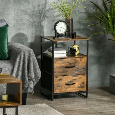 HOMCOM Mesita Auxiliar de Estilo Industrial con Cajones de Tela Plegables y Estante Abierto 45x40x70,5 cm Marrón Rústico