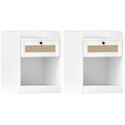 HOMCOM Juego de 2 Mesillas de Noche para Dormitorio con Cajón con Frontal de Ratán 40x40x53 cm Blanco