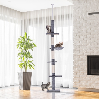 PawHut Árvore Arranhadora para Gatos Arranhador para Fixar ao Teto Altura Ajustável com Plataformas Poste de Sisal 40x34x230-260cm Cinza