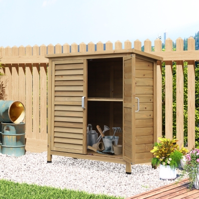 Outsunny Armário de Armazenamento de Madeira para Jardim com 2 Prateleiras Interiores 2 Portas e Teto Inclinado para Exterior Terraço 87x46,5x96,5cm Natural