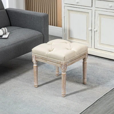 HOMCOM Reposapiés de Salón con Asiento Capitoné y Patas Talladas de Madera Estilo Vintage para Dormitorio 40x40x43 cm Beige