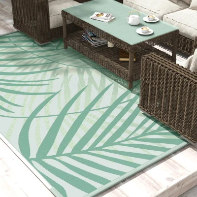 Outsunny Alfombra de Exterior Reversible 365x274 cm con Patrón de Hojas de Pino y Bolsa de Transporte Impermeable Verde y Crema