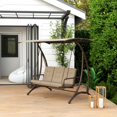 Outsunny Columpio de Jardín de 3 Plazas Convertible en Cama con Toldo Ajustable UPF30+ y Cojines 200x120x175 cm Caqui