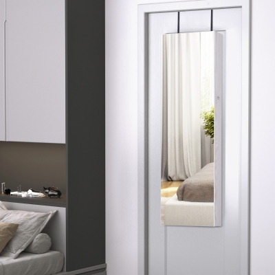 HOMCOM Espelho com Móvel de Bijuterias de Parede ou Porta Espelho de Parede com LED 5 Prateleiras 2 Gavetas pequenas e Fechadura 37x120x10cm Cinza Claro