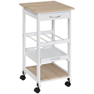 HOMCOM Carrito de Cocina Carro de Servicio Multifuncional de 4 Niveles con Ruedas Cajón Estantes y Botellero 37x37x76 cm Blanco