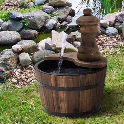 Outsunny Fuente de Jardín de Madera en Cascada con Bomba Eléctrica y Salida de Agua Ajustable 27x27x37 cm Natural