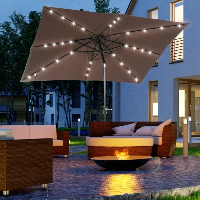 Outsunny Parasol de Terraza Exterior 268x205x248 cm con Techo Inclinable hasta 45° Luces LED Solares y Manivela Marrón