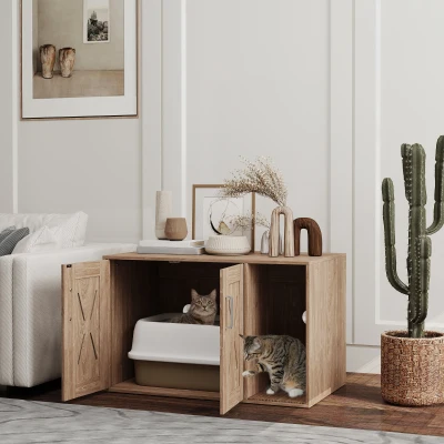 PawHut Mueble Arenero para Gatos 3 en 1 con Puertas Estera para Rascar y Compartimento 80x48x50,5 cm Marrón