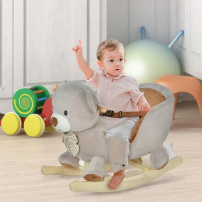 HOMCOM Caballito Balancín Infantil en Forma de Osito de Felpa para Bebés 18-36 Meses con Sonido y Cinturón 60x33x50 cm Gris