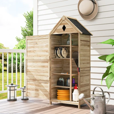 Outsunny Gartenschuppen mit 4 Regalen, Lagerschuppen aus Holz, wasserdichtes Asphalt-Dach, 80 x 49 x 170 cm, Hellbraun